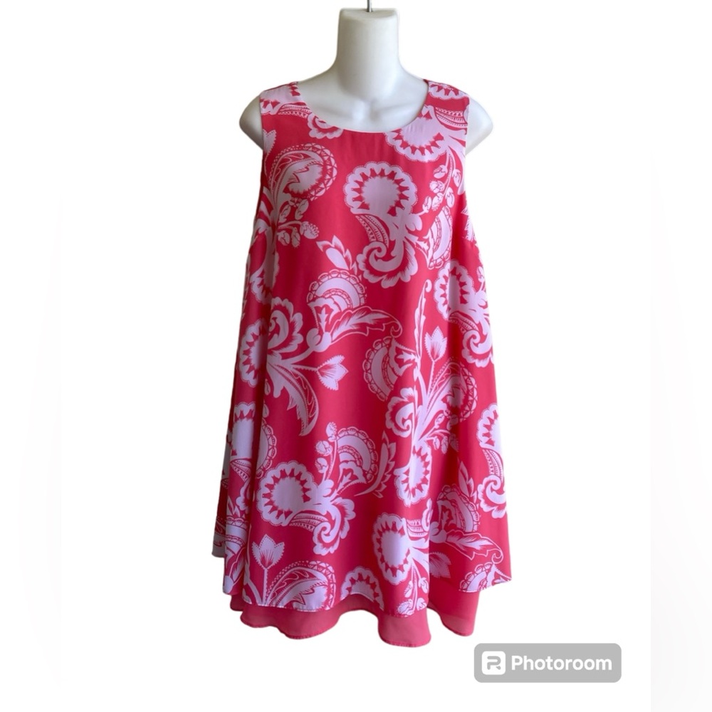 Kaari Blue Coral White Floral Chiffon Swing Dress Sleeveless Lined Ladies Med
